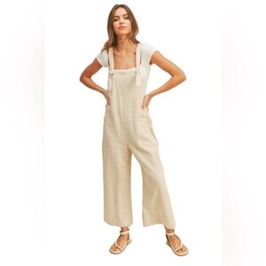 Chic Beige Cropped Wide Leg Denim Jumpsuit!